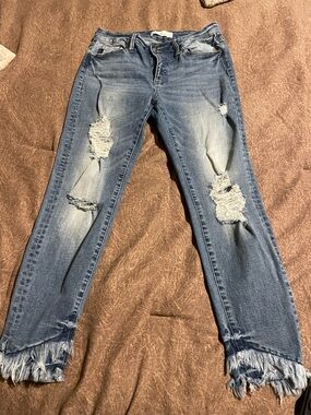 KanCan Women's Blue Distressed Boyfriend Jeans with Fringe Hem